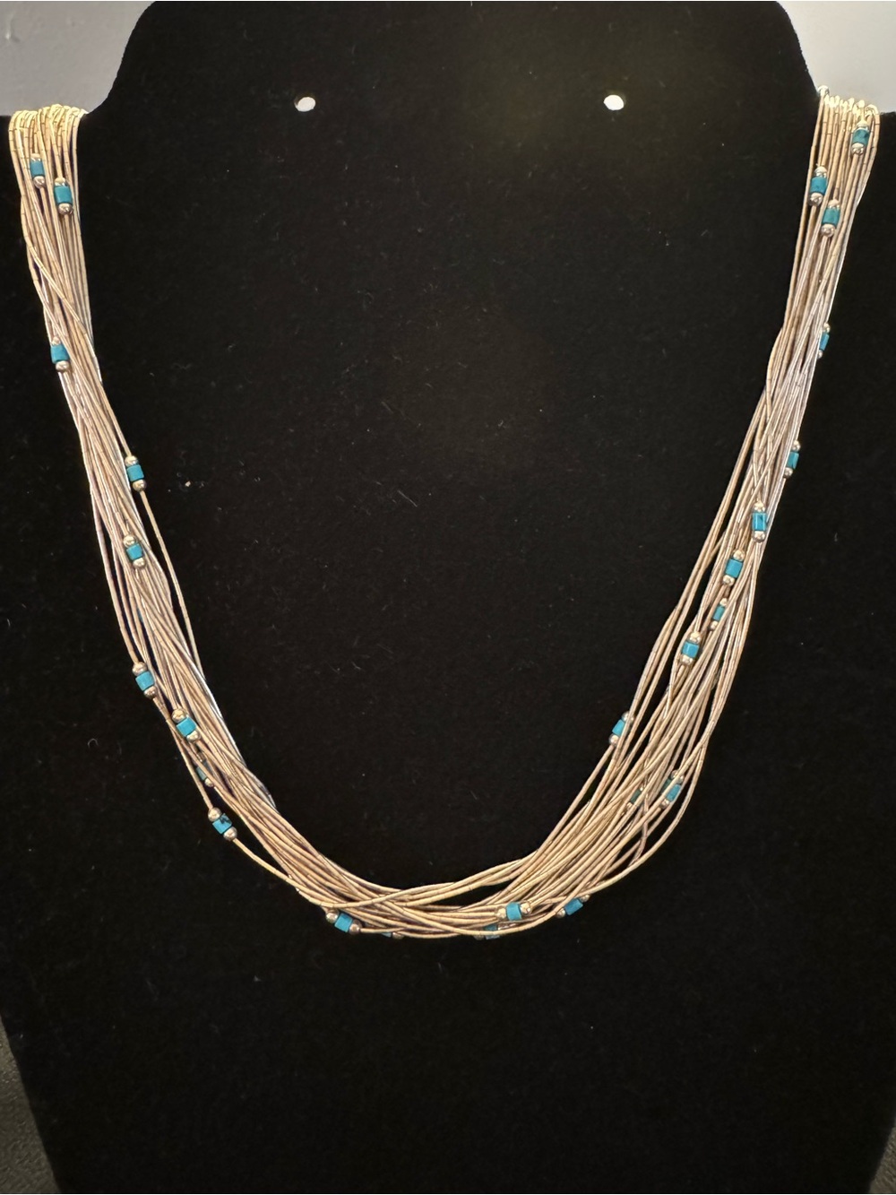 Vintage 19-Strand Sterling Silver Liquid Silver Necklace with Turquoise - 23”